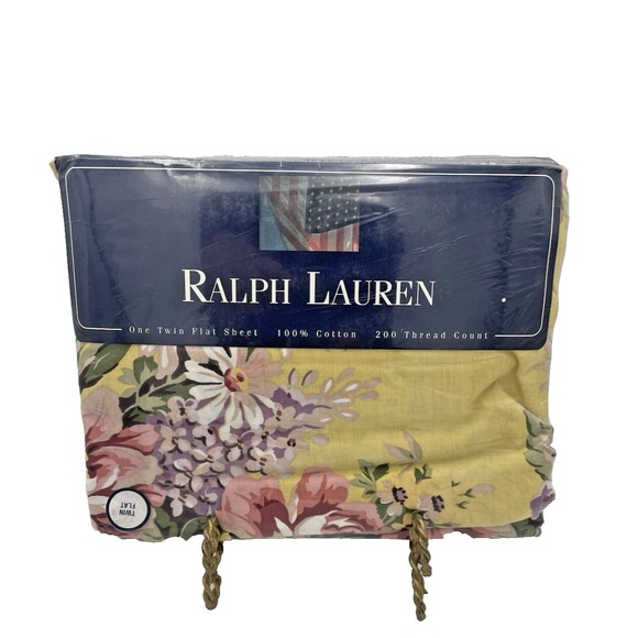 New‎ Vintage Ralph Lauren Brooke Yellow Floral Twin Size Flat Sheet NOS - Picture 1 of 8